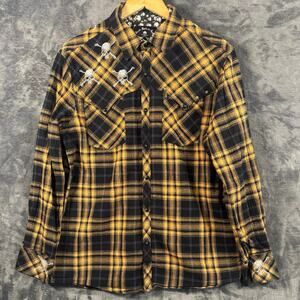 Rock Roll n Soul "Master of Puppets V" yellow flannel shirt Skull Embroidered XL